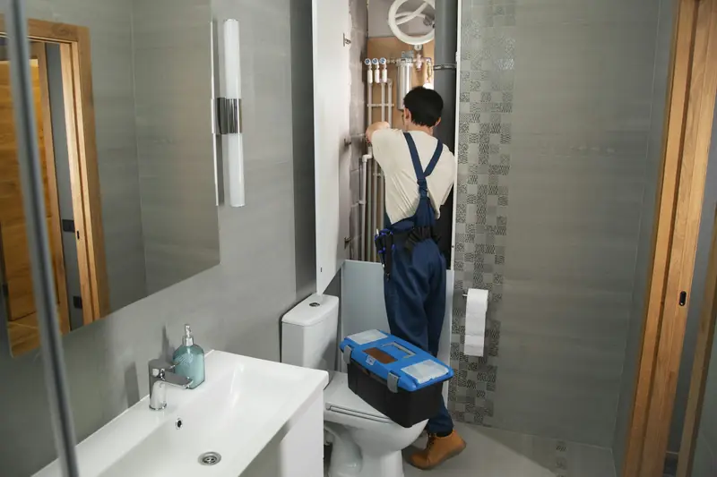 A plumber arriving to repair plumbing in a bathroom